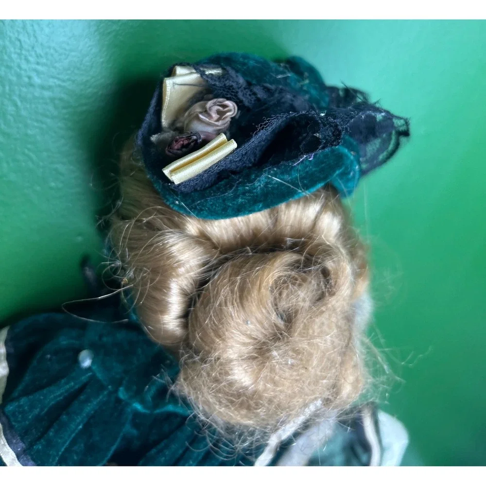 Marie Porcelain of the Past Collection Consoled Doll Green Victorian Dress 16in